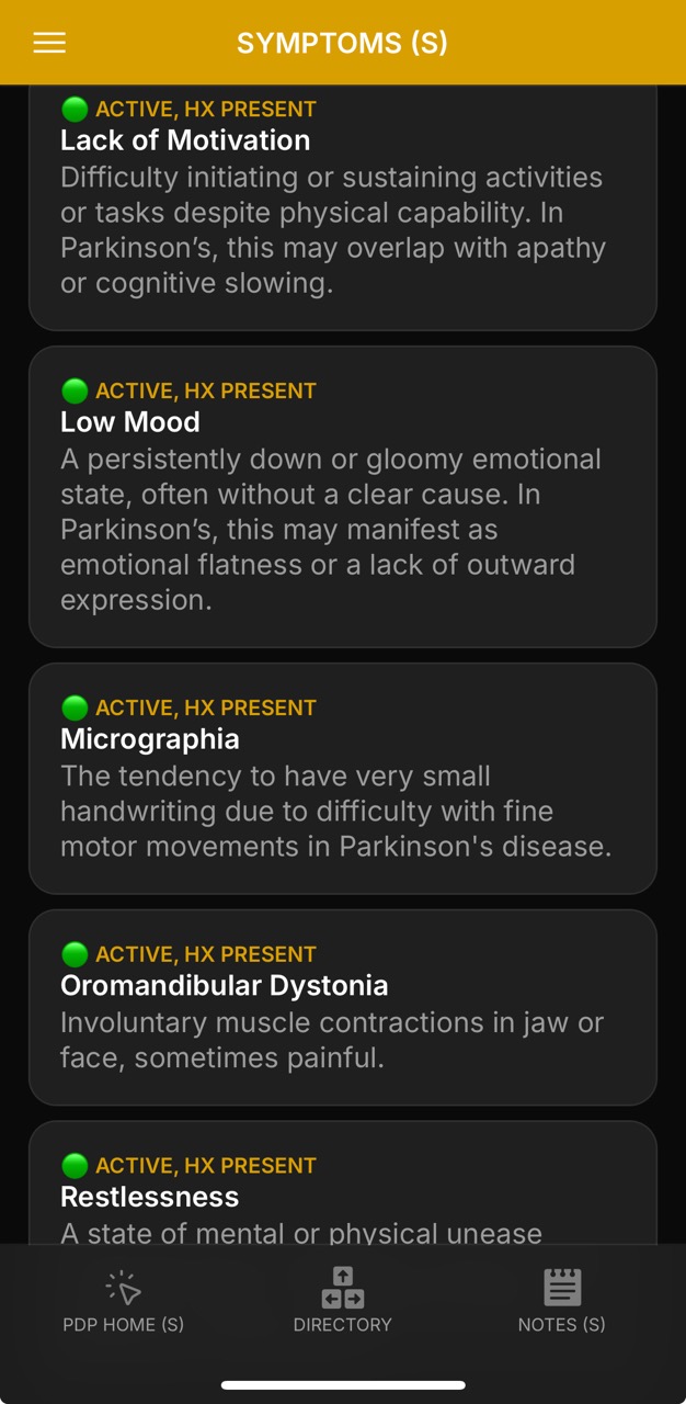 Symptoms Page (Active Symptoms)